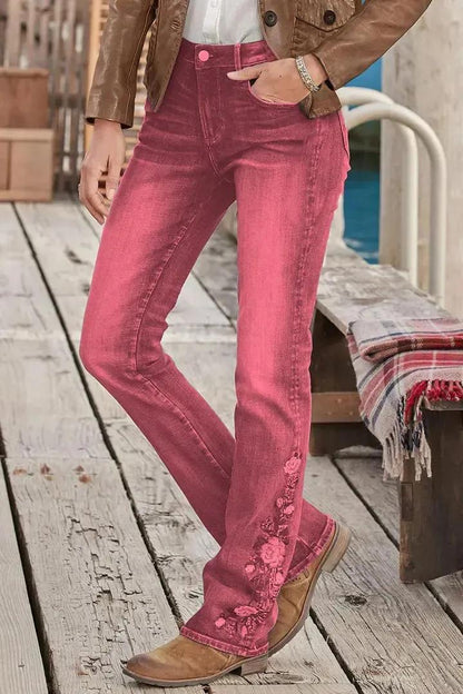 🔥LAST DAY 70% OFF🔥Floral Embroidery Mid Waist Bootcut Jeans