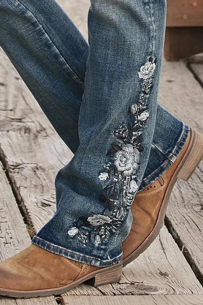 🔥LAST DAY 70% OFF🔥Floral Embroidery Mid Waist Bootcut Jeans