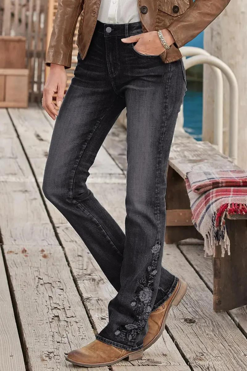 🔥LAST DAY 70% OFF🔥Floral Embroidery Mid Waist Bootcut Jeans