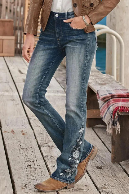 🔥LAST DAY 70% OFF🔥Floral Embroidery Mid Waist Bootcut Jeans