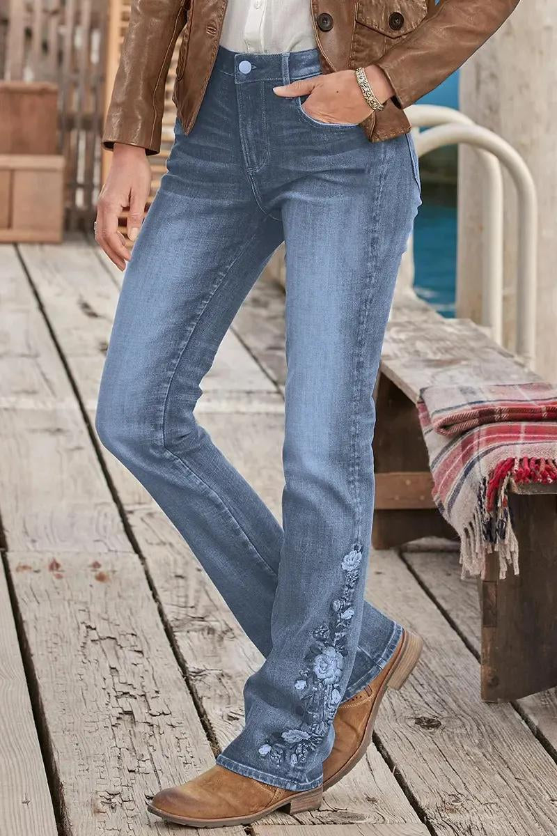 🔥LAST DAY 70% OFF🔥Floral Embroidery Mid Waist Bootcut Jeans