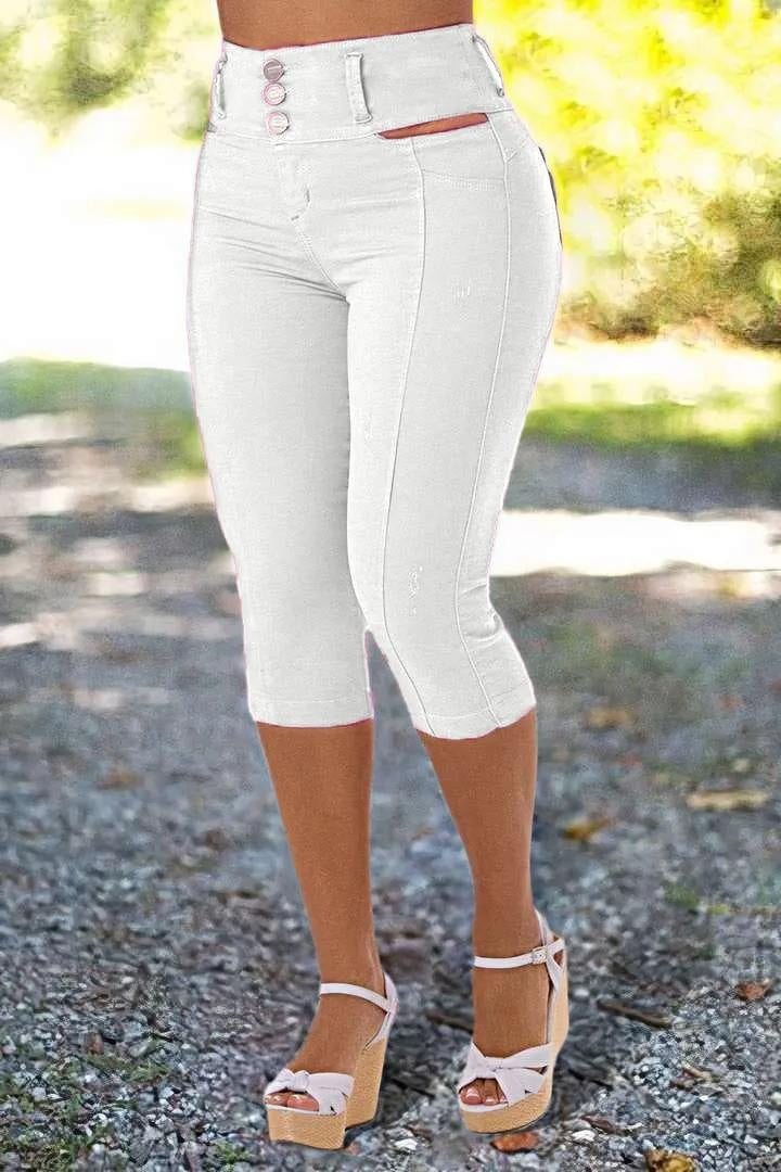 Solid Cut Out Waist Skinny High Waist Capri Jeans-($15 cash back for the first 50 people)
