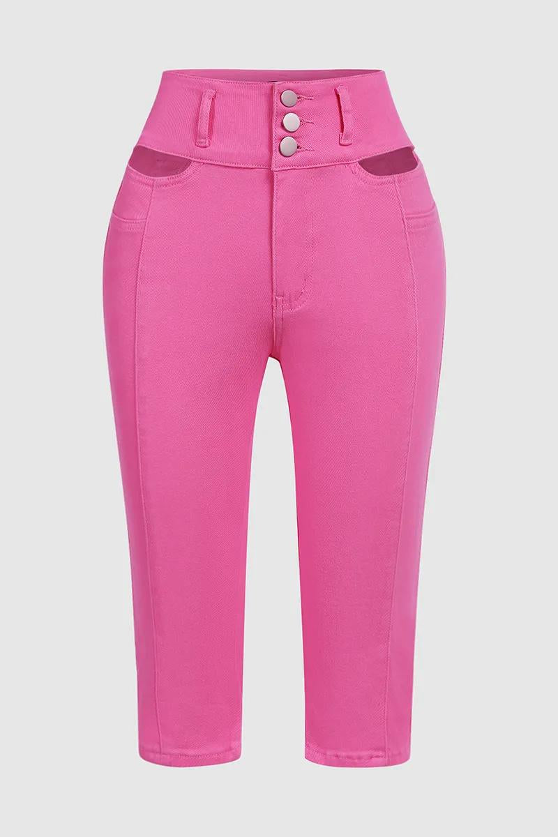 Solid Cut Out Waist Skinny High Waist Capri Jeans-($15 cash back for the first 50 people)