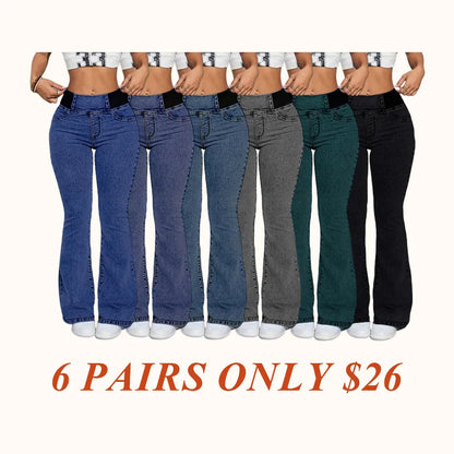 Women's Back Shirred Jeans, Mid - Rise Elasticity Waist Flared Jeans