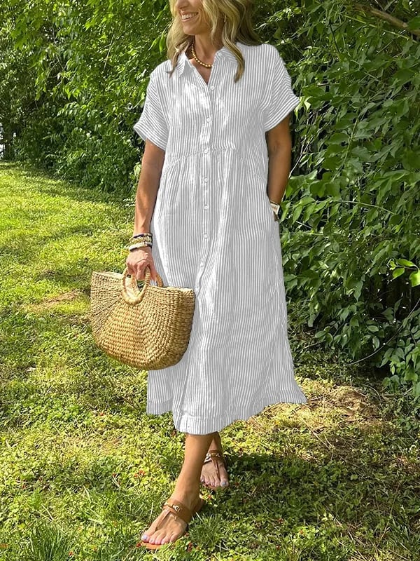 NEW🔥 Striped Lapel Button Down Shirt Dress | With Functional Pockets