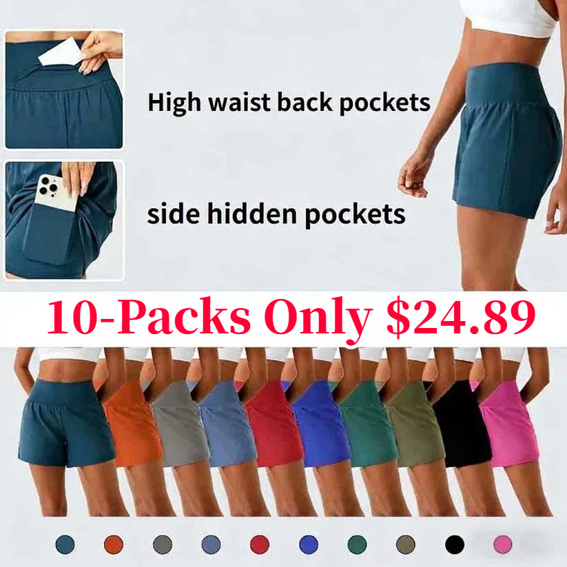 💝Last Day Promotion⚡10 piece ultra high waist back pocket and side hidden pocket 2 in 1 Yoga shorts