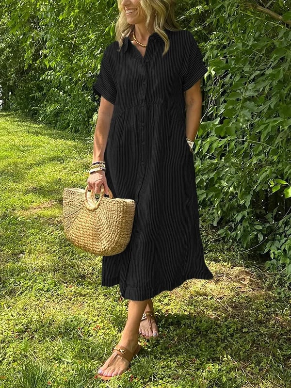 NEW🔥 Striped Lapel Button Down Shirt Dress | With Functional Pockets